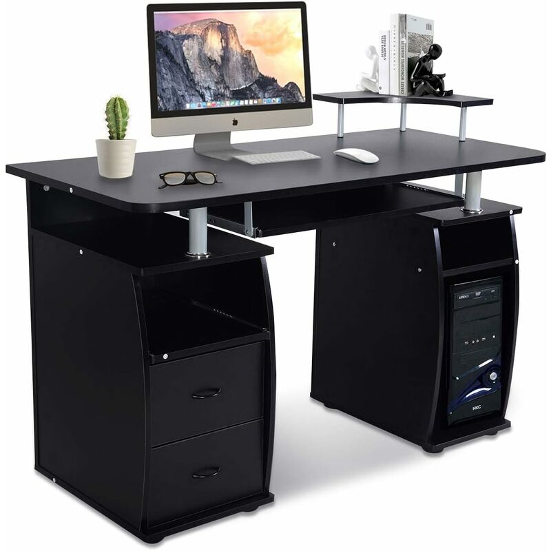 foto del prodotto goplus scrivania porta computer per ufficcio con 2 cassetti, vassoio tastiera e vassoio per fax 120x85x55 cm nero 