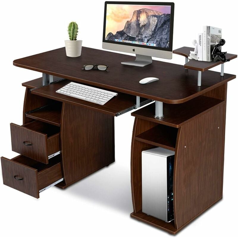 foto del prodotto goplus scrivania porta computer per ufficcio con 2 cassetti, vassoio tastiera e vassoio per fax120x85x55 cm marrone 