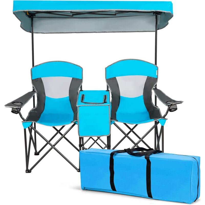 foto del prodotto goplus sedia da campeggio doppia con baldacchino regolabile, sedia pieghevole a 2 posti con mini tavolo, borsa termica, 1 tasca frontale e 2 porta