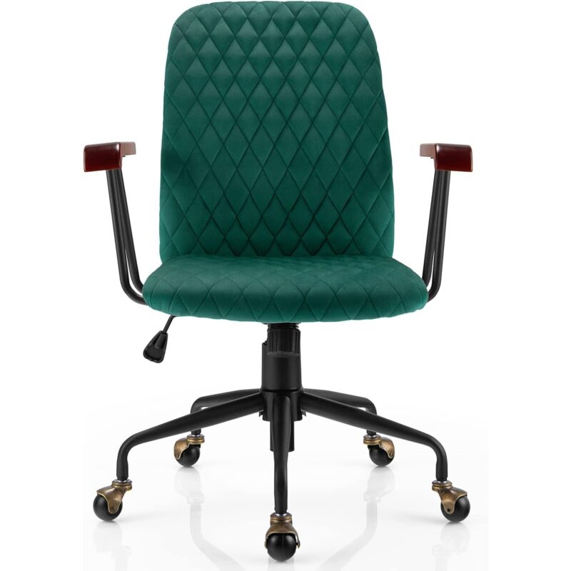foto del prodotto goplus sedia da ufficio imbottita vintage, sedia ergonomica con schienale e braccioli in legno di gomma, sedia girevole regolabile in altezza con