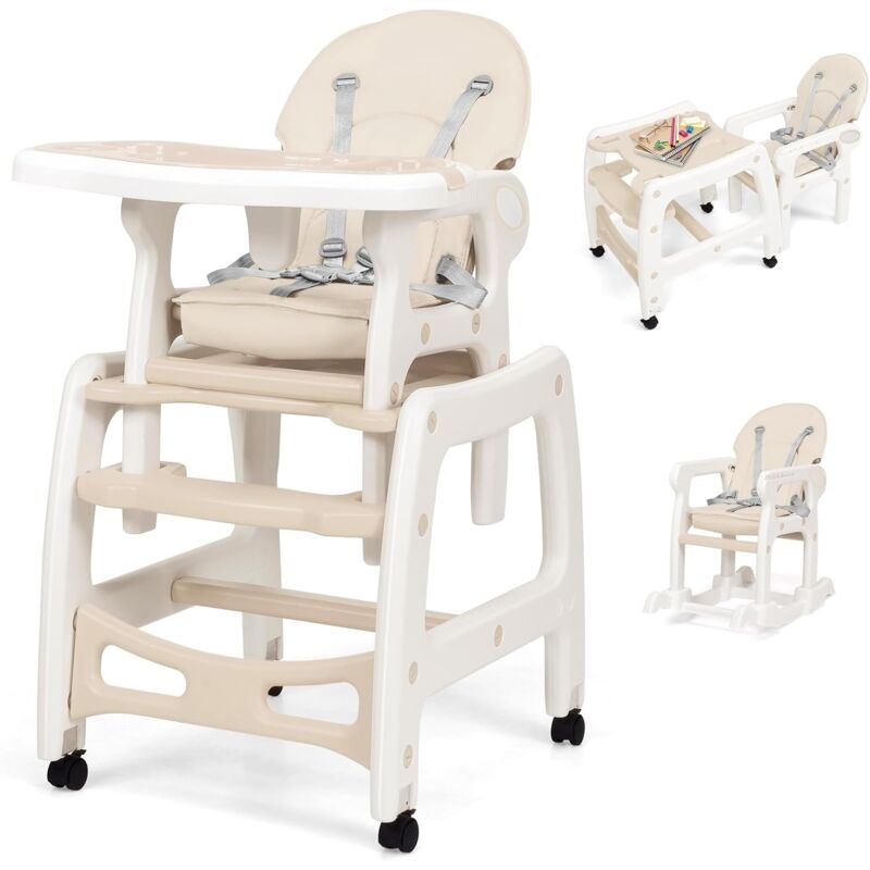 foto del prodotto goplus seggiolone pappa per bambini 4 in 1, seggiolone convertibile con schienale regolabile, vassoio rimovibile e funzione dondolo, ideale per