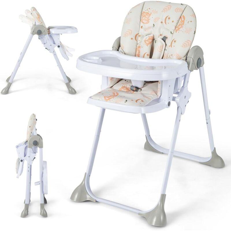 foto del prodotto goplus seggiolone per bambini, pieghevole con vassoio rimovibile, schienale ergonomico regolabile, imbracatura a 5 punti e rotelle, per 6 36 mesi,