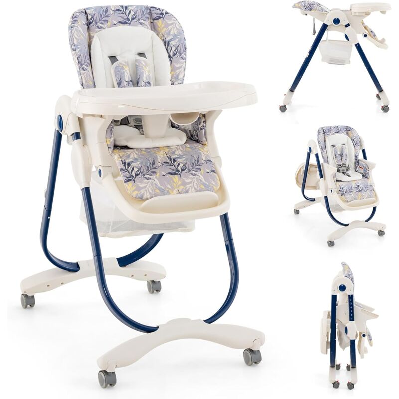 foto del prodotto goplus seggiolone per bambini, seggiolone pieghevole con altezza, schienale e poggia piedi regolabili, doppio vassoio rimovibile, ruote bloccabili,