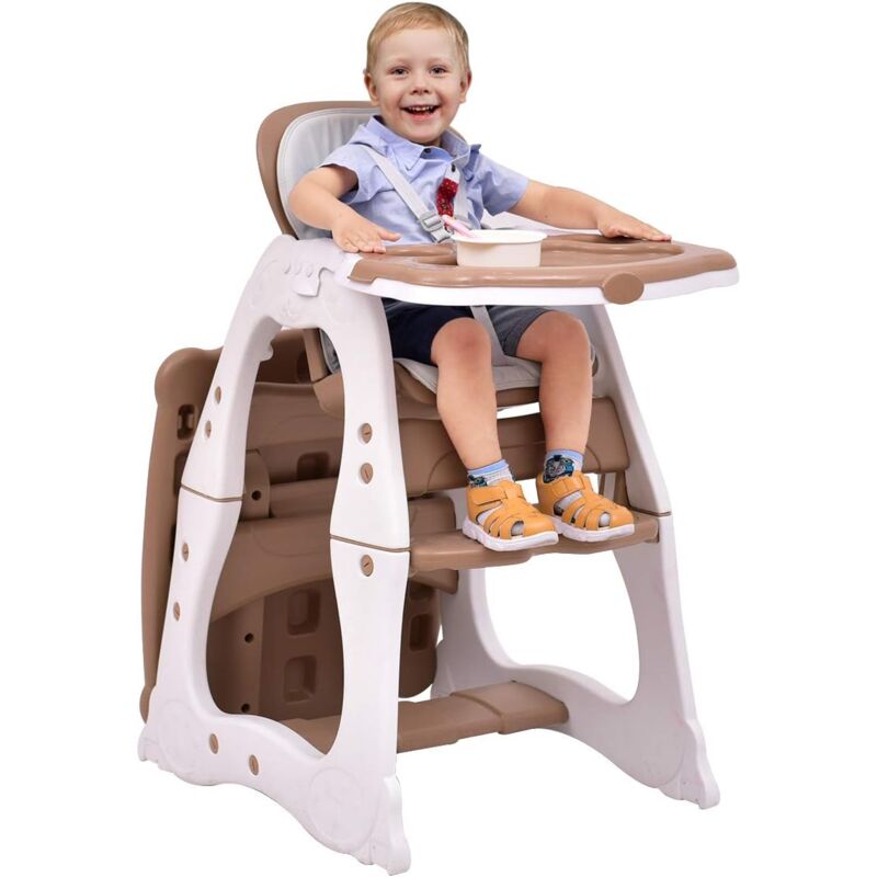 foto del prodotto goplus seggiolone per bambini, set di tavolo e sedia trasformabili, 6 mesi 6 anni, cintura a 5 punti, vassoio e schienale regolabile marrone 