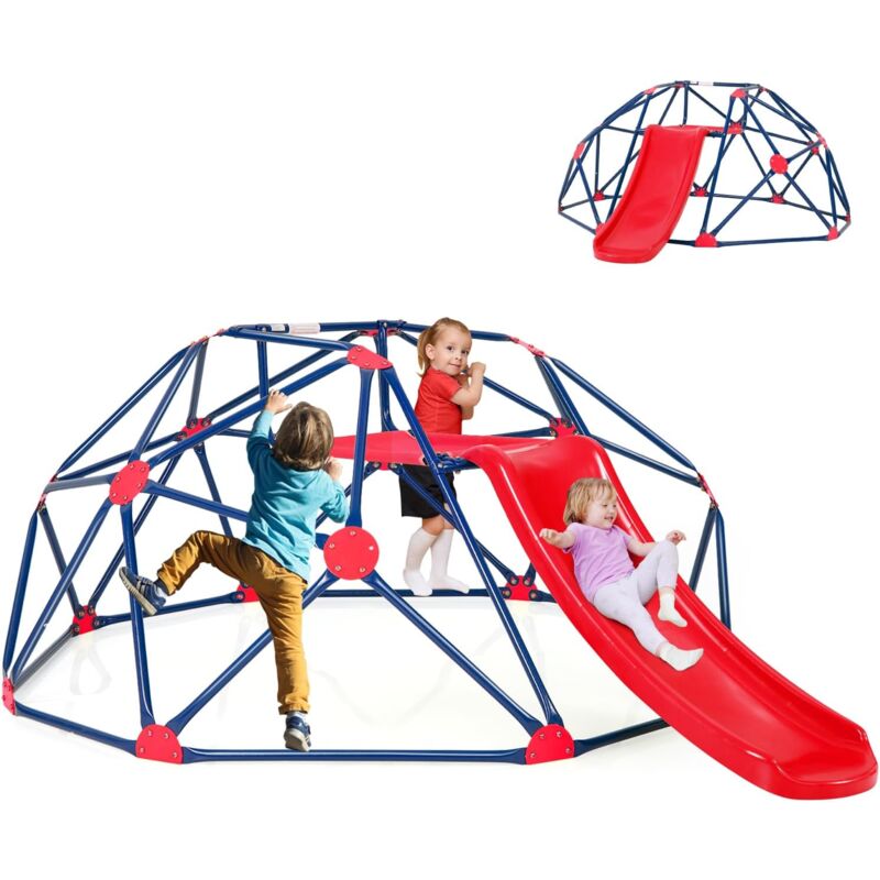 foto del prodotto goplus set 2 in 1 di cupola arrampicata e scivolo, scala di arrampicata geometrica in metallo stabile con capacit di carico di 150 kg, area giochi