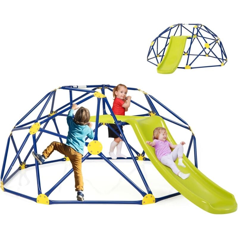 foto del prodotto goplus set 2 in 1 di cupola arrampicata e scivolo, scala di arrampicata geometrica in metallo stabile con capacit di carico di 150 kg, area giochi