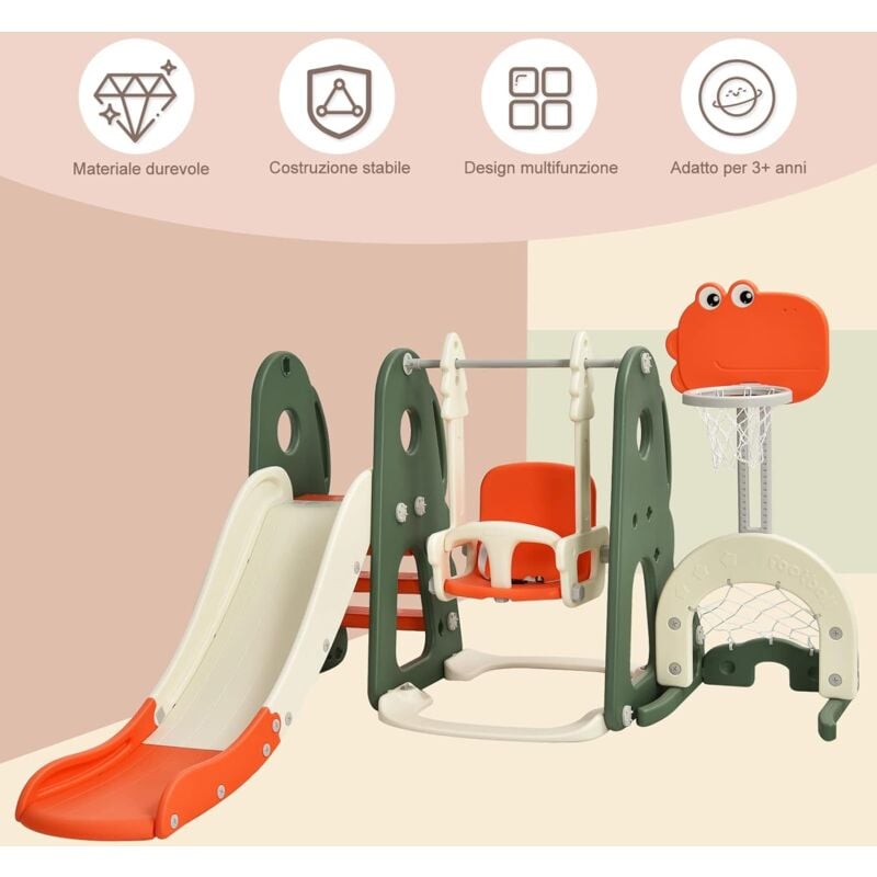 foto del prodotto goplus set altalena e scivolo 6 in 1, con canestro regolabile, pallone da calcio e golf, centro attivit con motivo dinosauri per 3 8 anni, area