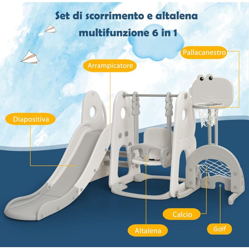 foto del prodotto goplus set altalena e scivolo 6 in 1, con canestro regolabile, pallone da calcio e golf, centro attivit con motivo dinosauri per 3 8 anni, area