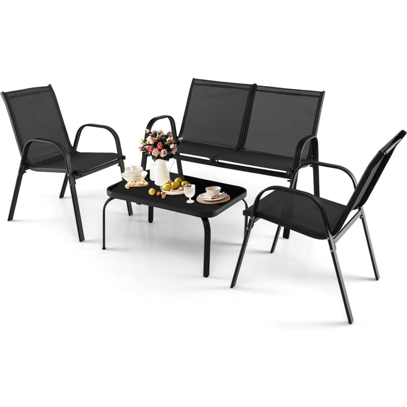foto del prodotto goplus set bistro da esterno 4 pezzi, 2 poltrone singole, 1 loveseat e 1 tavolino in vetro temprato, telaio in acciaio antiruggine, tessuto