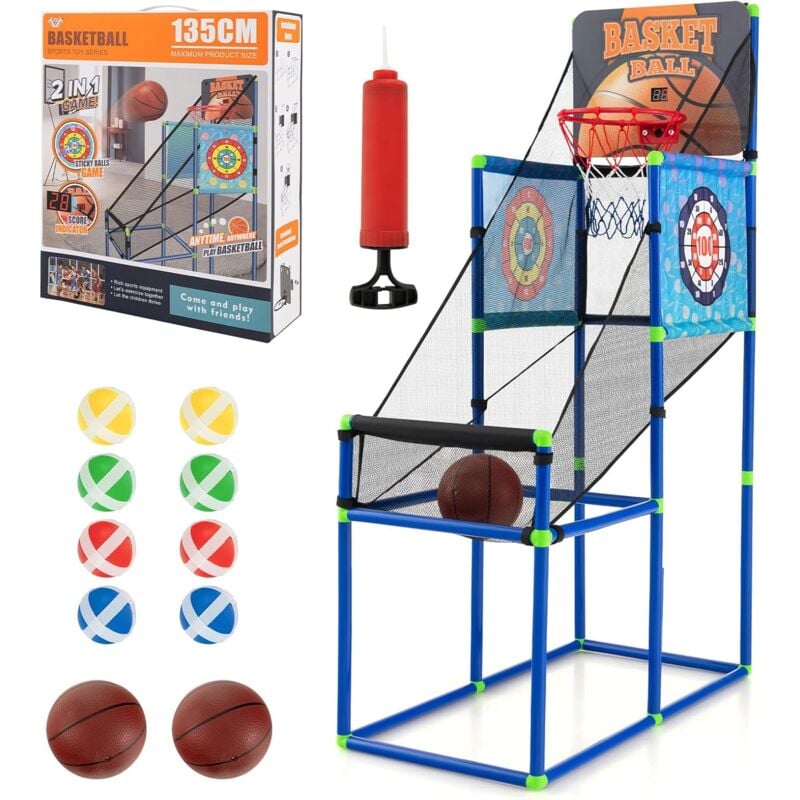foto del prodotto goplus set cestino da basket, set di gioco 2 in 1 con 8 palline adesive, 2 bersagli, tabellone elettronico, gonfiatore, giocattolo da basket per