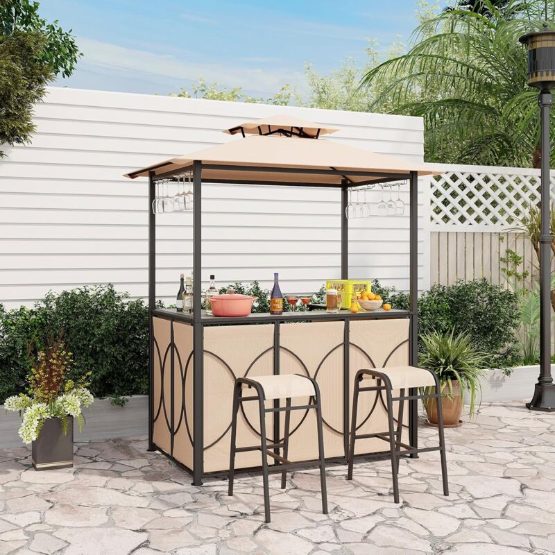 foto del prodotto goplus set da barbecue da esterno 3 pezzi con gazebo per griglia, gazebo da patio con tavolo da bar in vetro temperato, 2 sgabelli da bar, scaffali