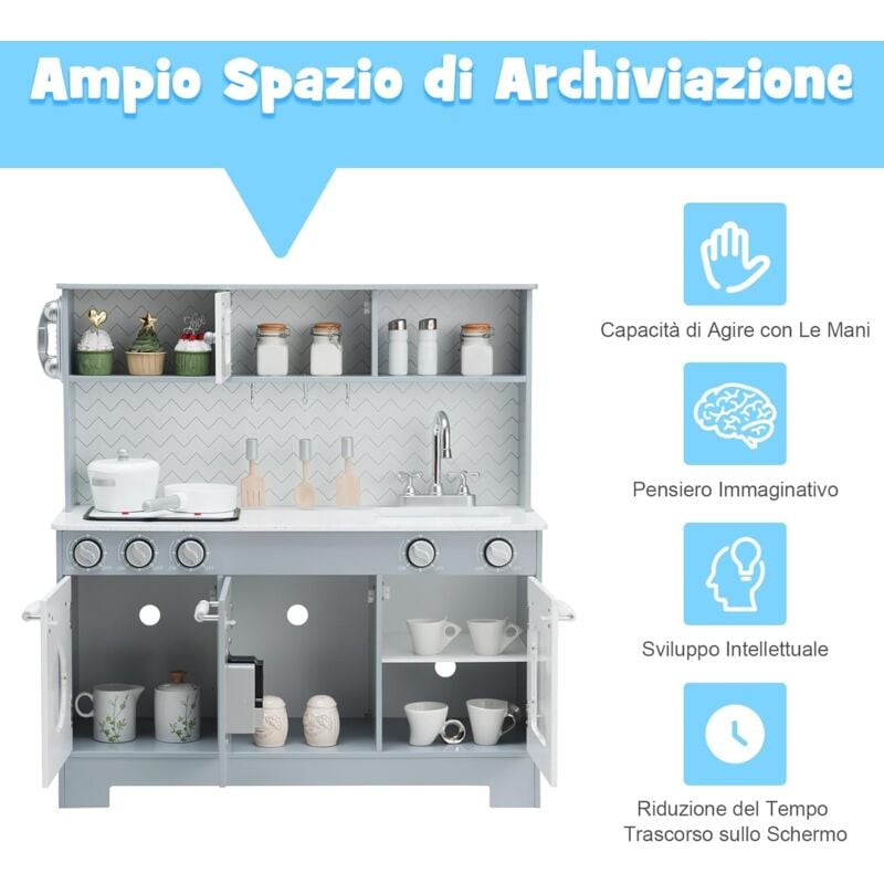 foto del prodotto goplus set da cucina giocattolo per bambini con forno a microonde, lavello, rubinetto, fornello, manopole di controllo e ripiani di stoccaggio,