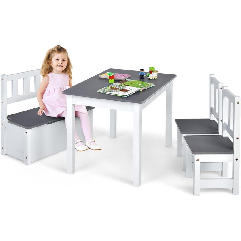 foto del prodotto goplus set da tavolo e sedie per bambini 4 pezzi, set di tavolo di attivit per bambini 2 in 1 in legno con 2 sedie e 1 panca per riporre gli