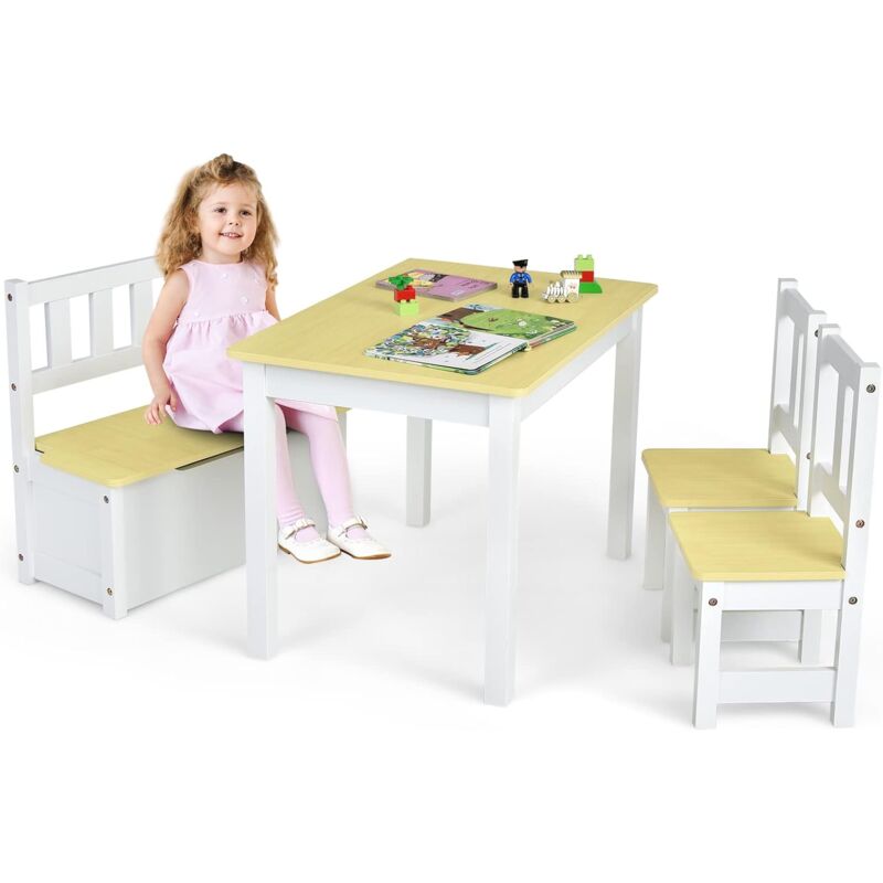 foto del prodotto goplus set da tavolo e sedie per bambini 4 pezzi, set di tavolo di attivit per bambini 2 in 1 in legno con 2 sedie e 1 panca per riporre gli