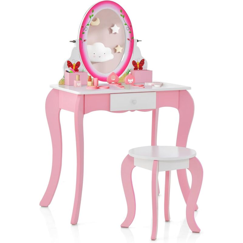 foto del prodotto goplus set da toeletta e sgabello per bambini, 2 in 1 tavolino da toilette per bambine con specchio girevole e rimovibile, tavolino da trucco con
