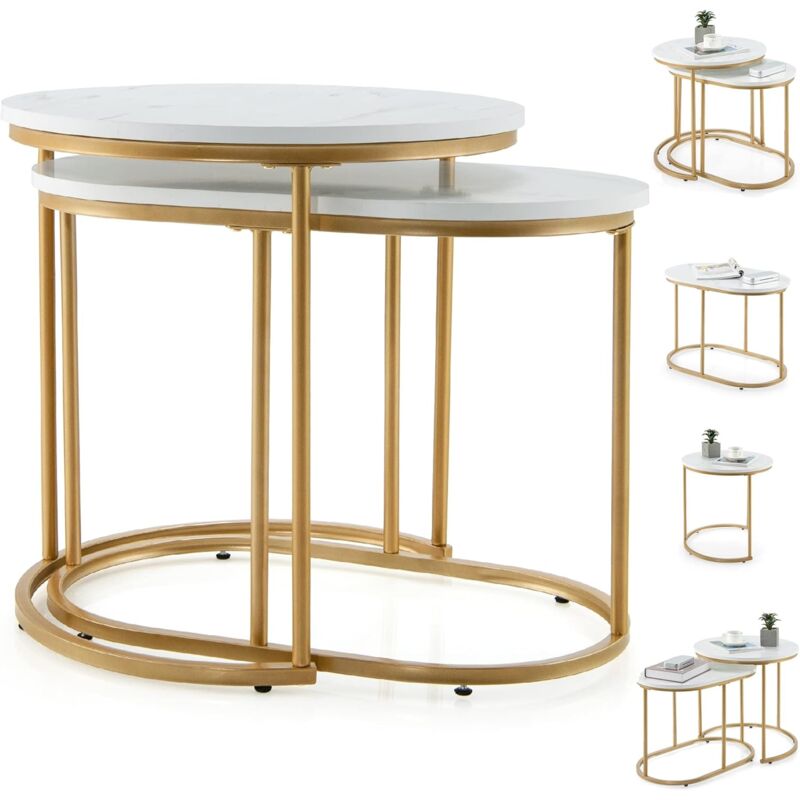 foto del prodotto goplus set di 2 pezzi tavoli da divano, 2 in 1 tavolini impilabili rotondo e ovale, struttura in metallo, mobile moderno per soggiorno, camera e
