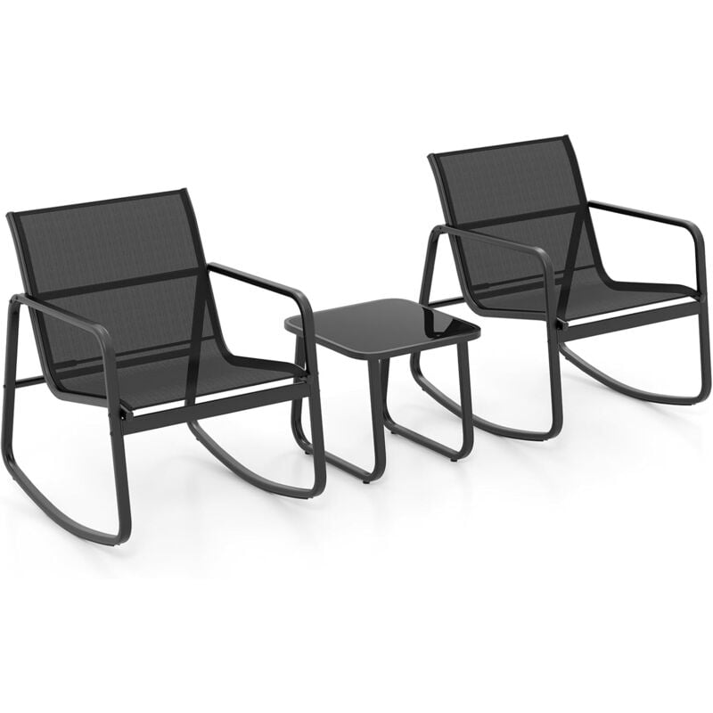 foto del prodotto goplus set di mobili da giardino 3pcs, 2 sedie a dondolo con tavolino in vetro, piccolo set da patio con movimento a dondolo fluido, strisce
