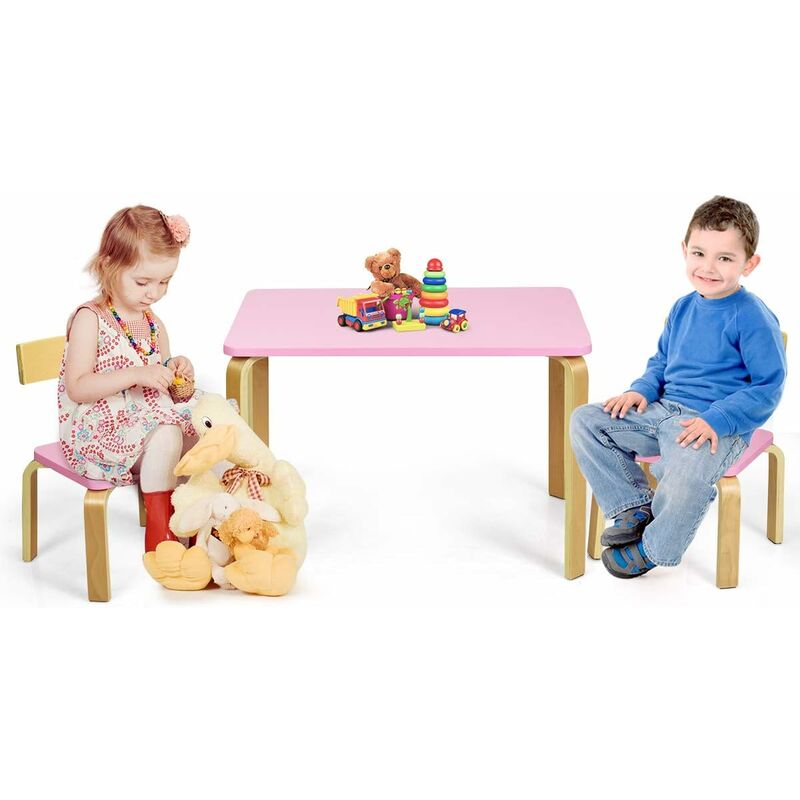 foto del prodotto goplus set di tavolo con 2 sedie in legno per bambini, robusto e facile da pulire, angoli arrotondati, montaggio veloce, adatto per soggiorno,