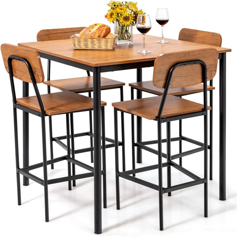 foto del prodotto goplus set di tavolo da pranzo da 5 pezzi, set di tavoli da colazione da cucina per 4 persone, 1 tavolo industriale e 4 sedie per casa, ristorante e