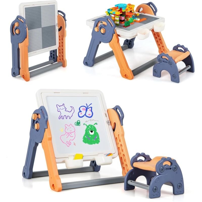 foto del prodotto goplus set di tavolo e sedia per bambin 6 in 1, cavalletto pieghevole con base per blocchi reversibile, 4 cestini, 100 accessori, tavolo da gioco