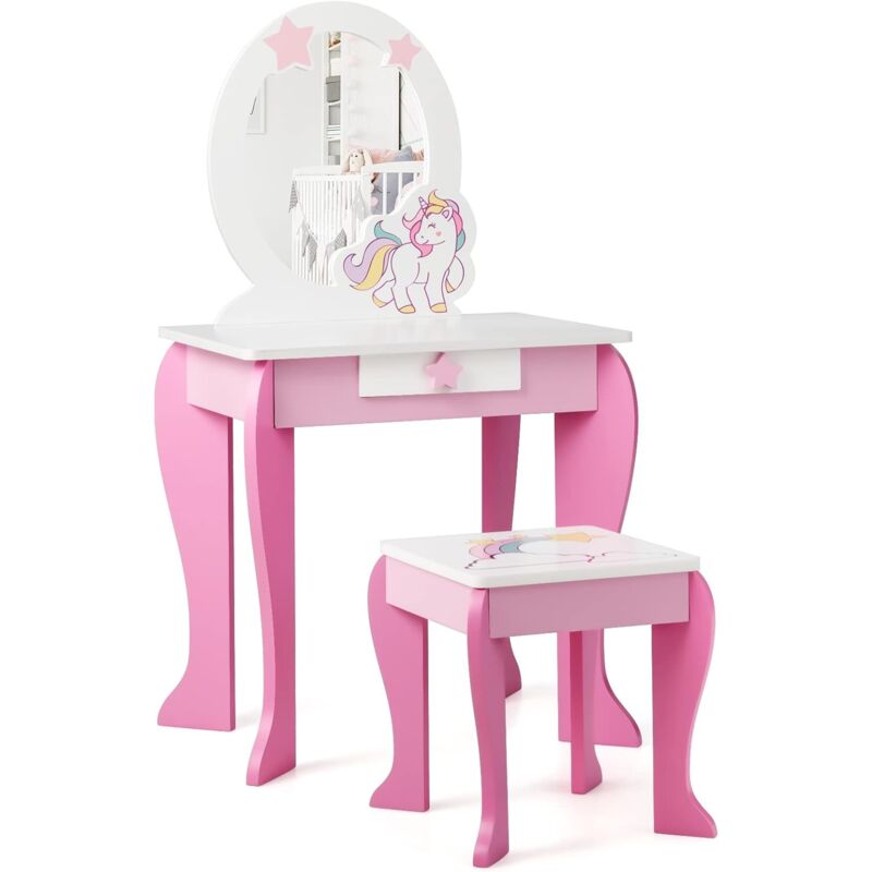 foto del prodotto goplus set di toeletta e sedia per bambine, toeletta con specchio e sgabello in stile principessa, mobili per camera da letto e sala giochi per