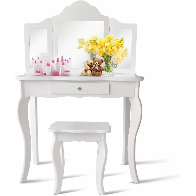foto del prodotto goplus set di toeletta e sedia per bambine, toeletta con specchio in 3 parti e sgabello stile principessa, 70 x 34 x 103 cm bianco 