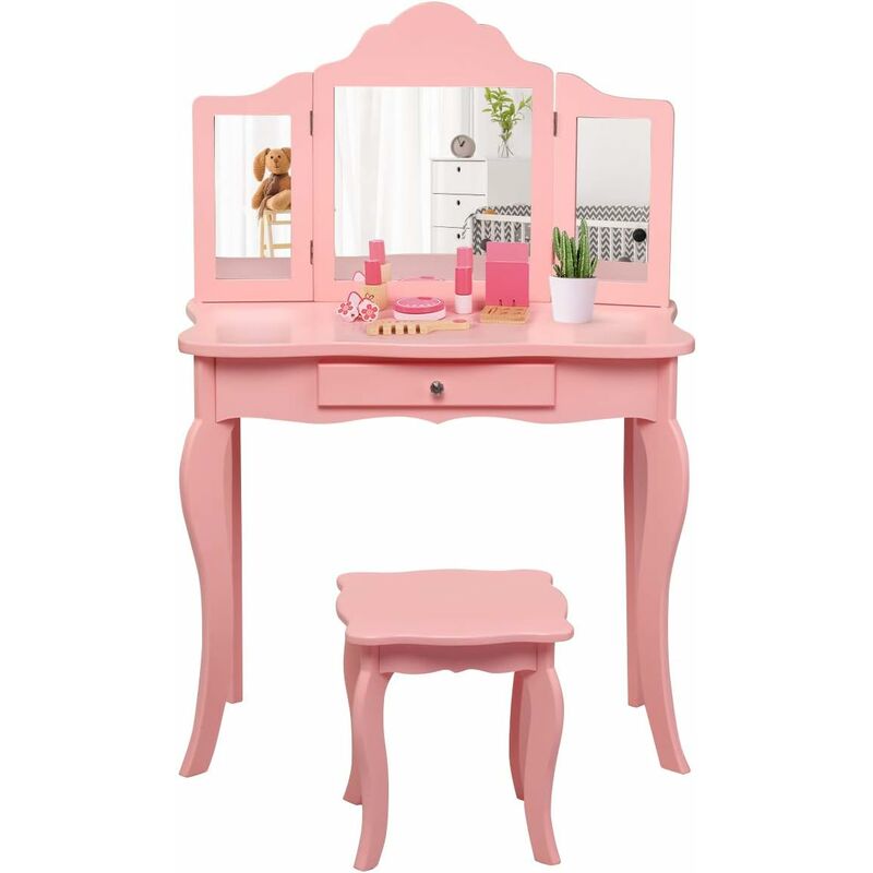 foto del prodotto goplus set di toeletta e sedia per bambine, toeletta con specchio in 3 parti e sgabello stile principessa, 70 x 34 x 103 cm rosa 