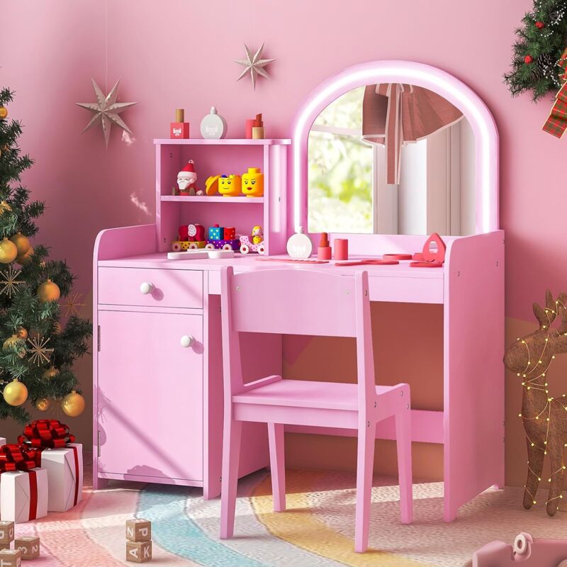 foto del prodotto goplus set di toeletta trucco per bambini 3 anni con luci a 2 colori, tavolo trucco e sedia con rpiani, cassetto e anta, specchio acrilico rosa 