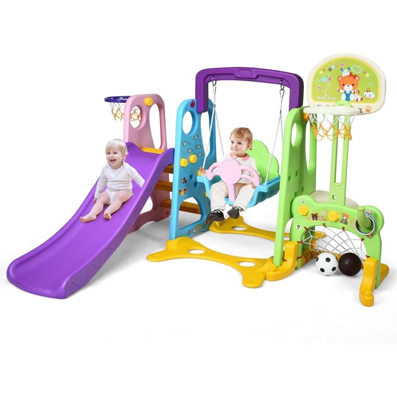 foto del prodotto goplus set scivolo 6 in 1 per bambini, scivolo grande con altalena e canestro, parco divertimenti per casa e giardino, colori vivaci, di hdpe,