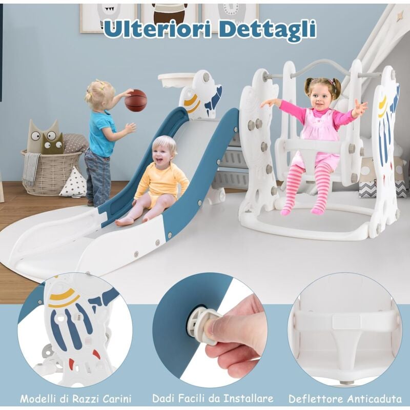 foto del prodotto goplus set scivolo e altalena 4 in 1, gioco da interno con motivo a razzo, scivolo liscio, altalena, arrampicata, canestro da basket e pallone,