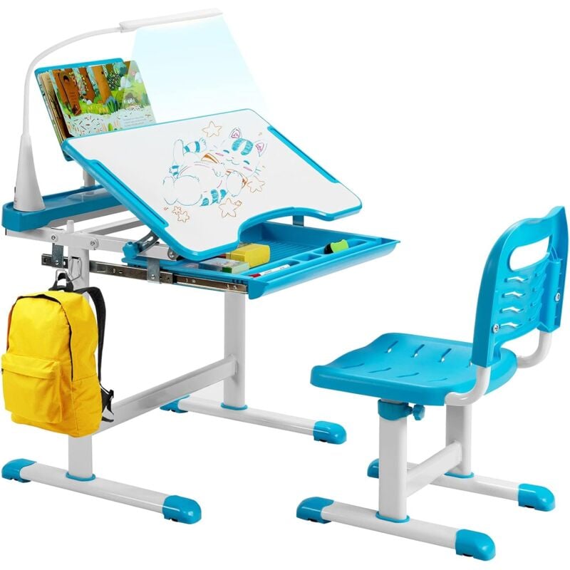immagine 0 del prodotto goplus set scrivania e sedia per bambini, altezza regolabile, scrivania con tavola inclinata, leggio per libri e lampada led, design ergonomico,