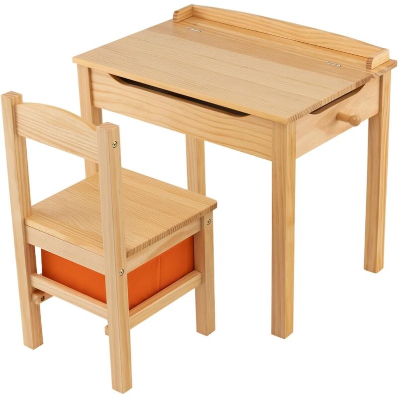 foto del prodotto goplus set scrivania e sedia per bambini, tavolo di studio e sedia in legno per bambini con design a ribalta, cerniera, gancio e cassetto in