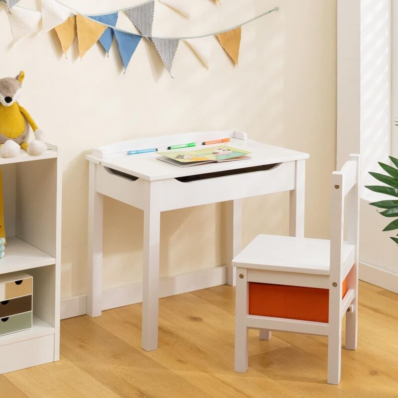 foto del prodotto goplus set scrivania e sedia per bambini, tavolo di studio e sedia in legno per bambini con design a ribalta, cerniera, gancio e cassetto in