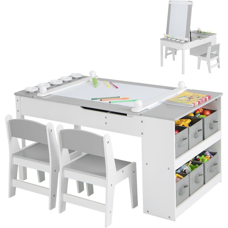 foto del prodotto goplus set tavolo artistico 2 in 1 con sedie, tavolo da pittura cavalletto, set tavolo e 2 sedie per bambini, con 6 scatole di conservazione,