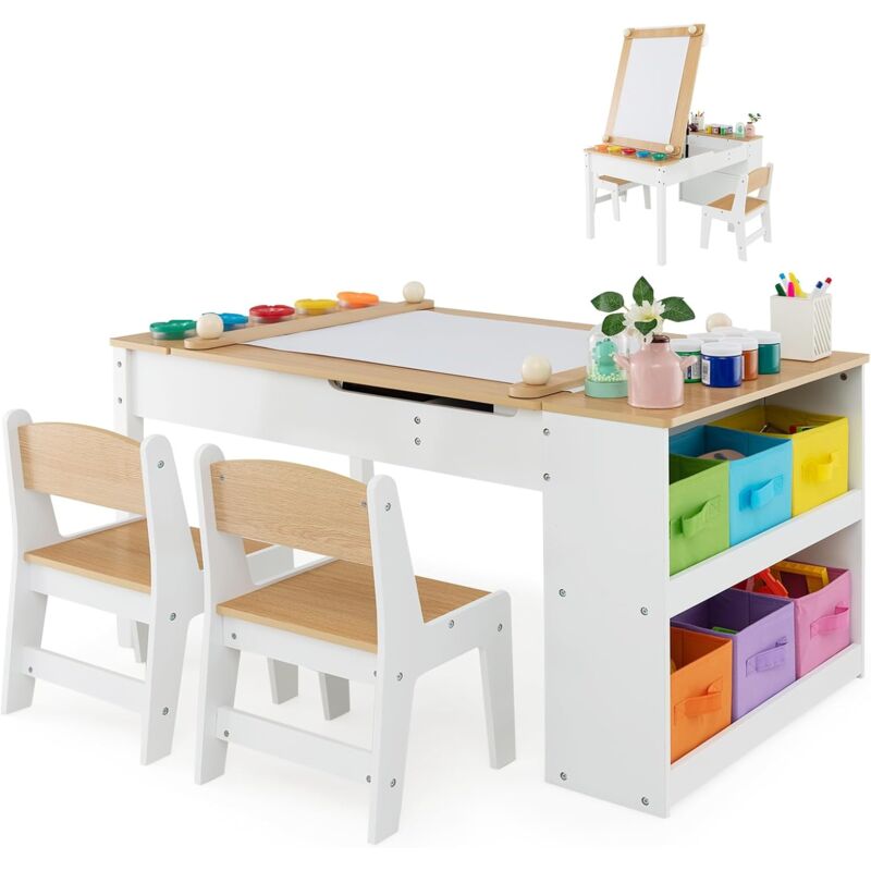 foto del prodotto goplus set tavolo artistico 2 in 1 con sedie, tavolo da pittura cavalletto, set tavolo e 2 sedie per bambini, con 6 scatole di conservazione,