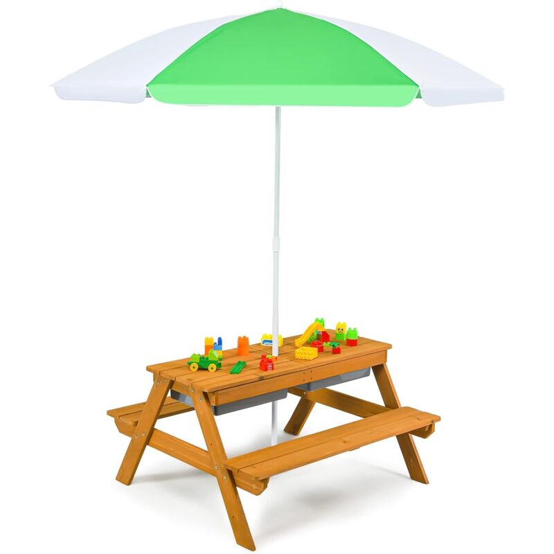 foto del prodotto goplus set tavolo da picnic 3 in 1 per bambini, con ombrello rimovibile e pieghevole e 2 scatole, set di tavolo e panca in legno per esterno