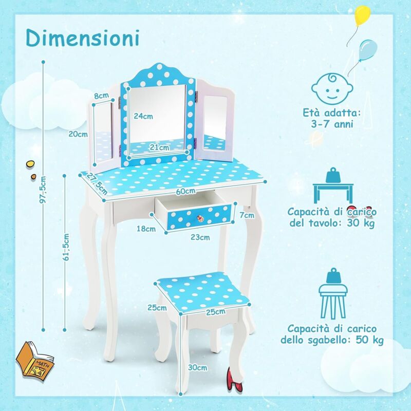 foto del prodotto goplus set tavolo da trucco e sgabello per bambini, con specchio pieghevole, cassetto singolo, piano rimovibile, curve arrotondate, scrivania
