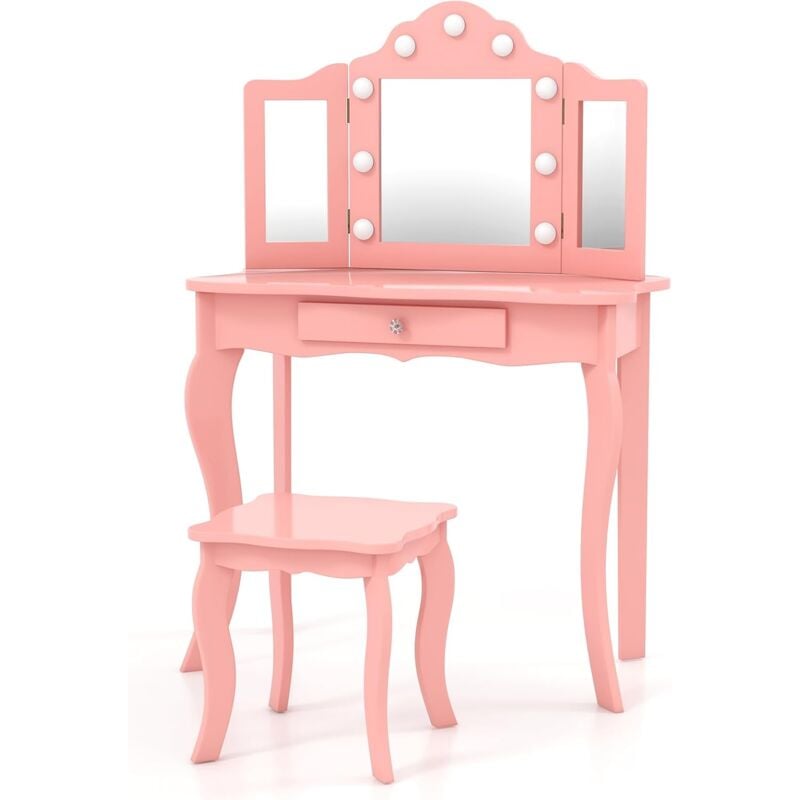 foto del prodotto goplus set tavolo da trucco per bambini con specchio e sgabello, specchio con luci led a 3 colori, cassetto portaoggetti, set tavolo e sedia toeletta