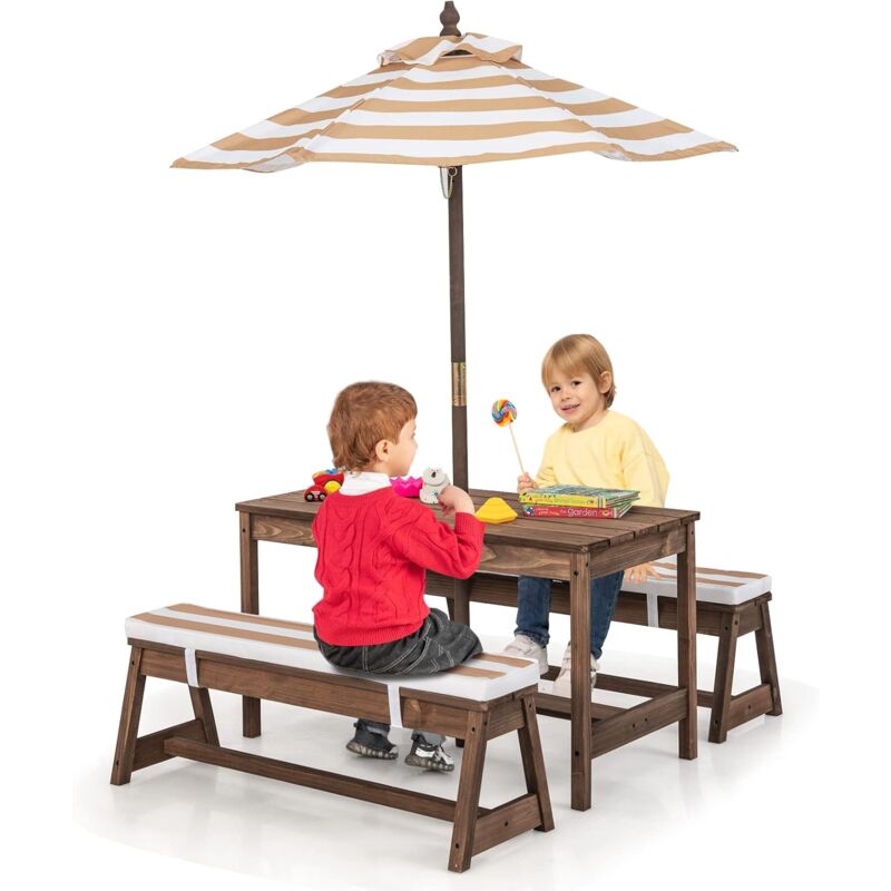foto del prodotto goplus set tavolo e panche 4 in 1 per bambini, mobili da giardino con ombrellone, tavolo attivit e panche in legno di abete con cuscini, set di