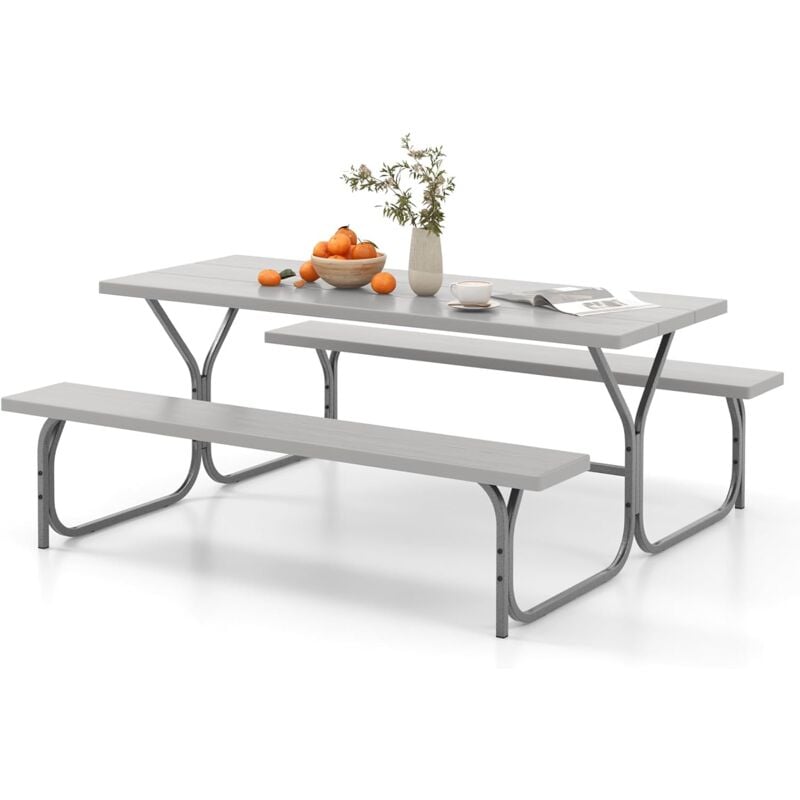 foto del prodotto goplus set tavolo e panche da picnic per 8 persone, tavolo picnic da esterno con foro per ombrellone integrato, piano tavolo in hdpe resistente a