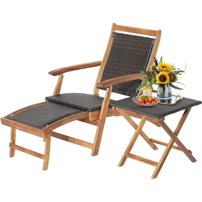 foto del prodotto goplus set tavolo e sedia in rattan, poggiapiedi retrattile, lettino con tavolino pieghevole con per giardino, balcone, piscina