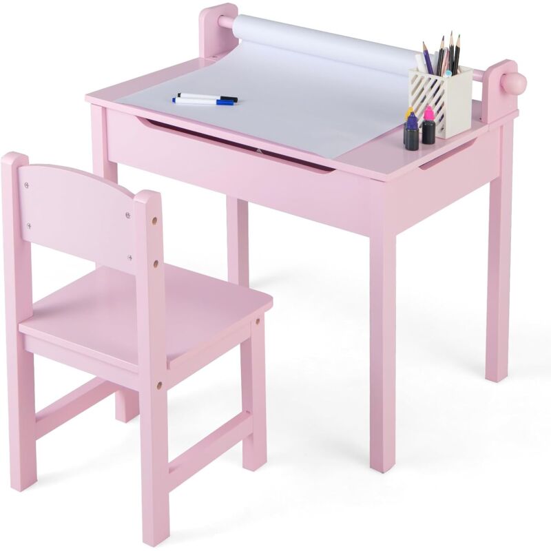 foto del prodotto goplus set tavolo e sedia per bambini, tavolo da disegno con rotolo di carta per bambini, scrivania con spazio di archiviazione gambe in legno di