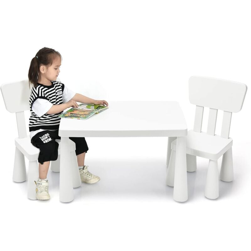 foto del prodotto goplus set tavolo e sedie bambini, un tavolo e 2 sedie di plastica, per mangiare, leggere, dipingere, adatto a bambini 1 7 anni bianco 