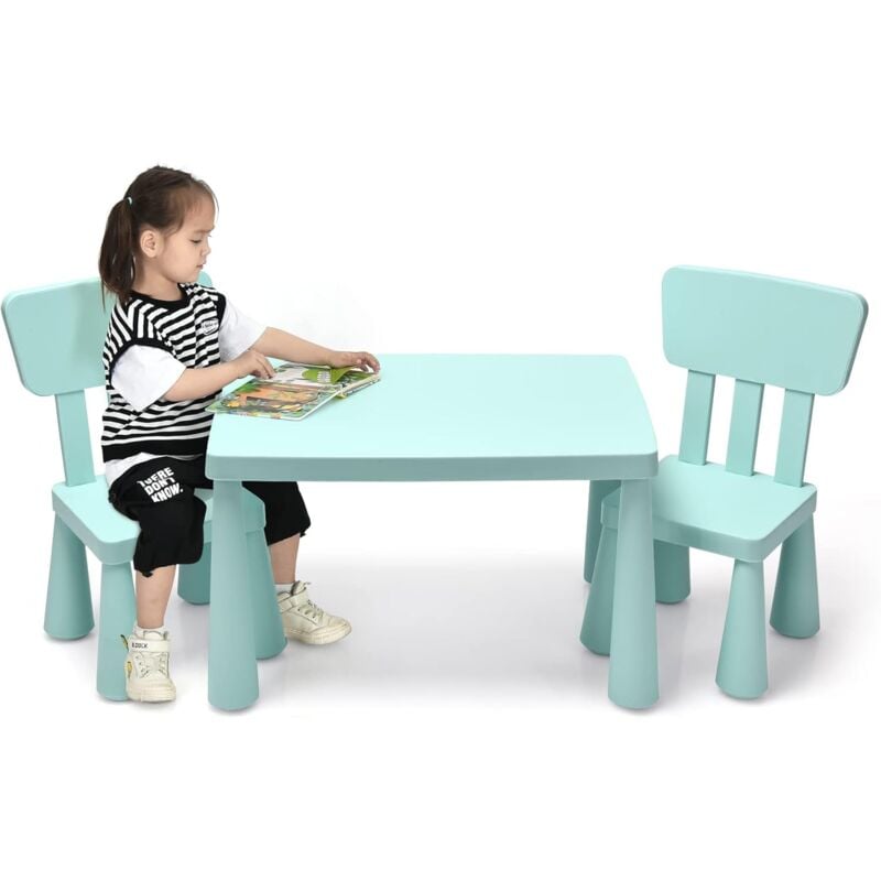 foto del prodotto goplus set tavolo e sedie bambini, un tavolo e 2 sedie di plastica, per mangiare, leggere, dipingere, adatto a bambini 1 7 anni verde 