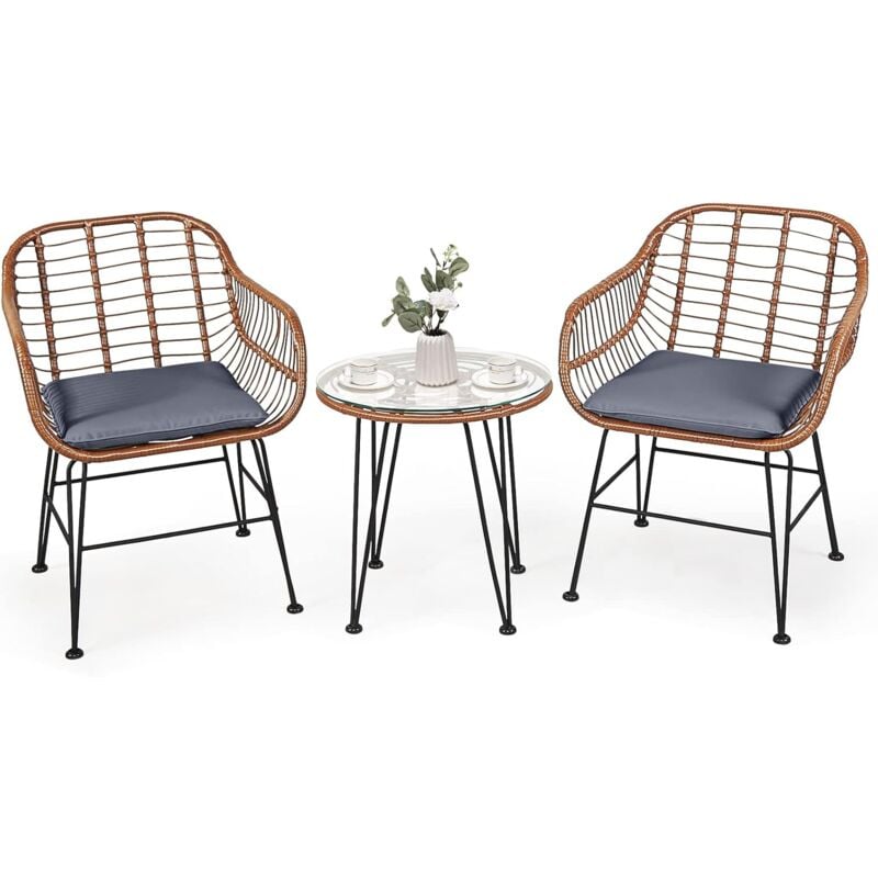foto del prodotto goplus set tavolo e sedie da giardino, 3 pezzi da 2 poltrone in rattan e tavolino in vetro, con cuscino comodo, eccellente stabilit , per giardino,