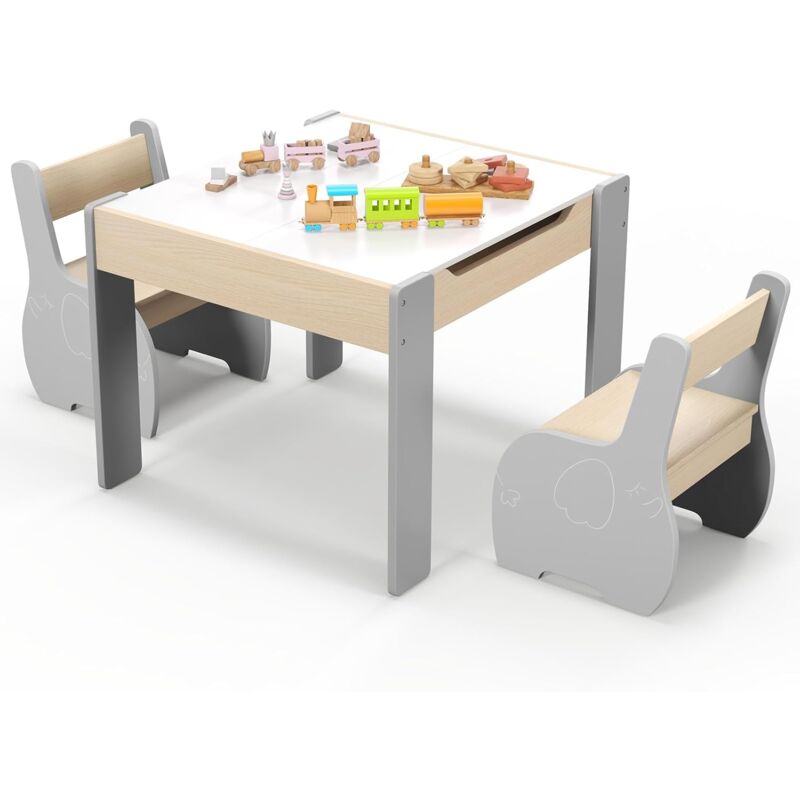 foto del prodotto goplus set tavolo e sedie per bambini a 3 pezzi, con schienale, piano rimovibile, tavolo attivit 4 in 1 con motivo elefante per 3 6 anni, adatto