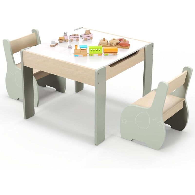 foto del prodotto goplus set tavolo e sedie per bambini a 3 pezzi, con schienale, piano rimovibile, tavolo attivit 4 in 1 con motivo elefante per 3 6 anni, adatto