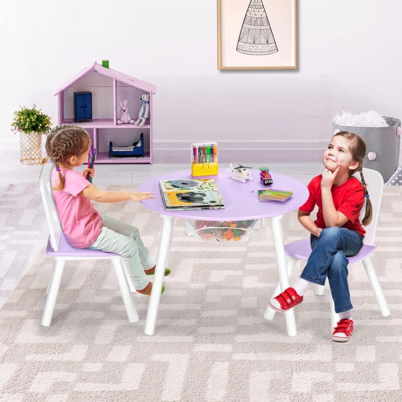 foto del prodotto goplus set tavolo e sedie per bambini, in legno con sacco in rete di stoccaggio, multifunzione per studiare giocare dipingere viola 