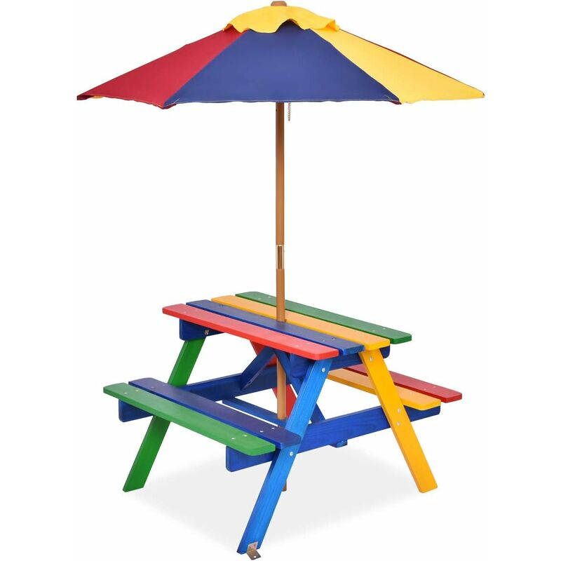 foto del prodotto goplus set tavolo e sedie per bambini, set mobili per picnic da giardino, tavolo e panche con ombrellone multicolore, di abete, 79x71x52,5 cm