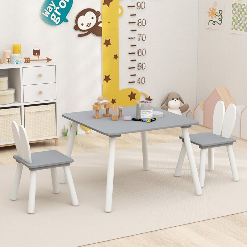 foto del prodotto goplus set tavolo per bambini con 2 sedie, tavolo per bambini, gambe in legno massiccio, per cameretta dei bambini, schienale ergonomico a orecchie